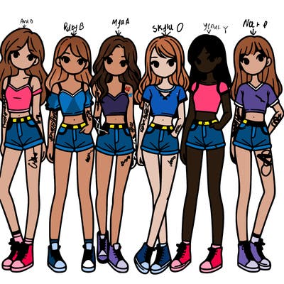 a group of girls wearing crop tops and shorts