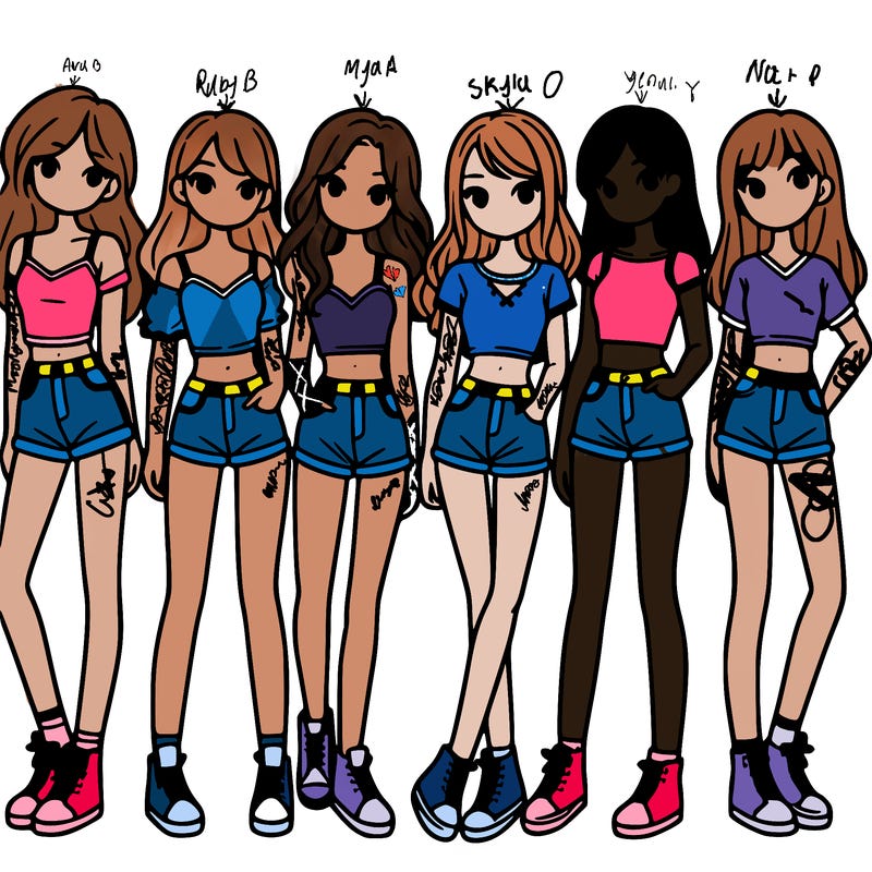 a group of girls wearing crop tops and shorts