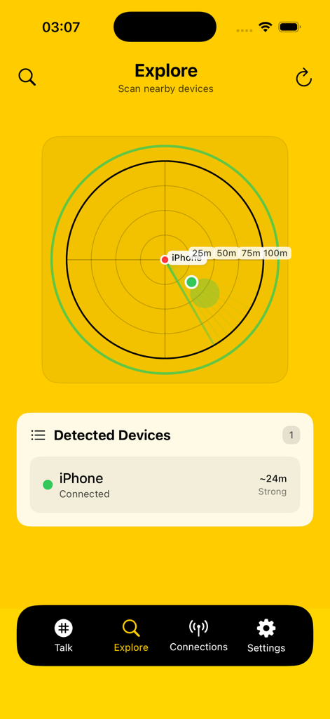 Talky - Walkie Talkie, Radio - Talky app explore screen showing a radar scanning for nearby offline devices