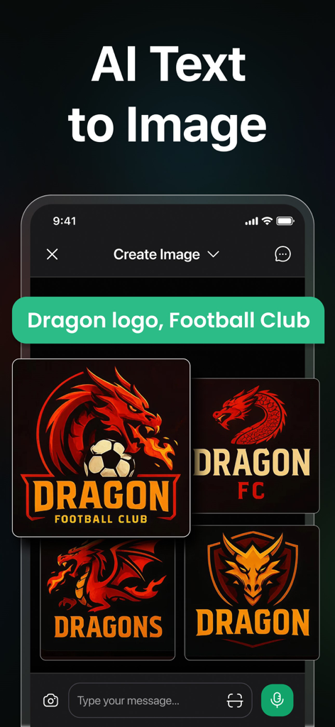 AI Chat: AI Assistant - AI Chat app screen showing AI text to image feature generating dragon logos