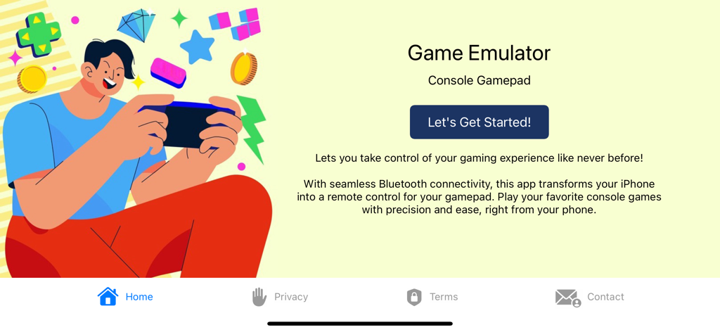 Tela inicial do aplicativo Emulador de Jogo apresentando um personagem gamer e botão iniciar