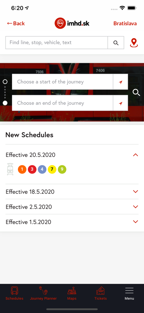 Oberfläche der mobilen App imhd.sk, die Fahrpläne für öffentliche Verkehrsmittel und Routenplanung für Bratislava zeigt.