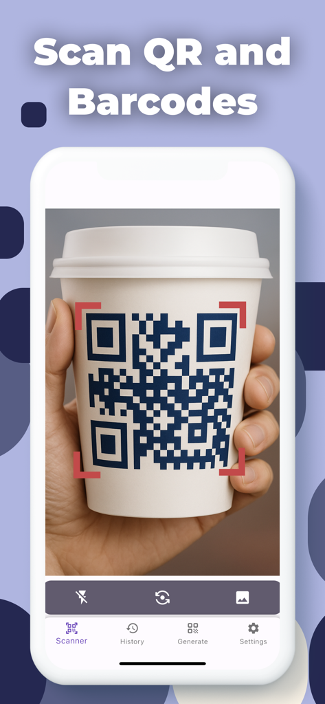 QR Code Reader App - ScanQR - App Lettore QR Code che scansiona un codice QR su una tazza da caffè