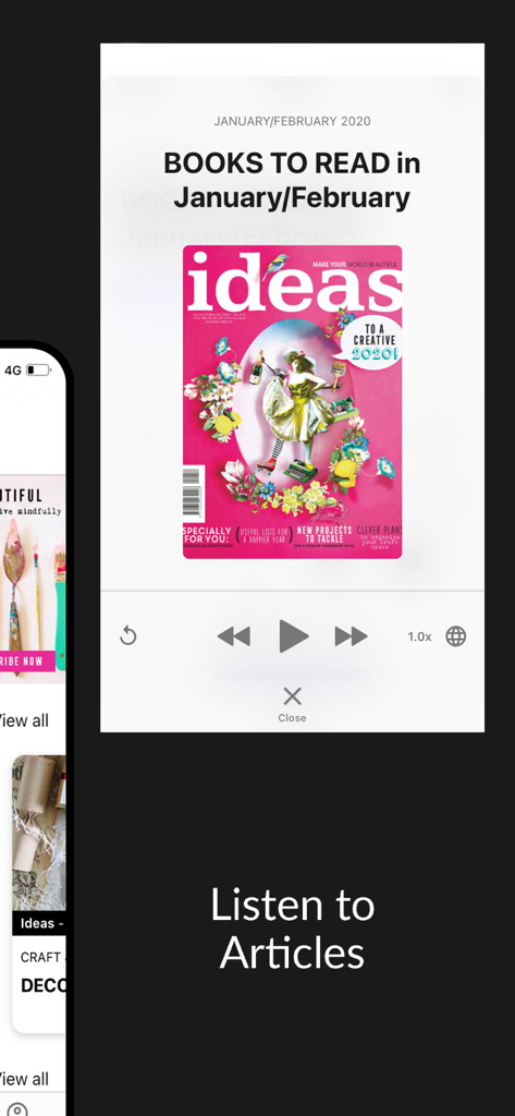 Ideas Magazine - Interface of the Ideas Magazine app featuring a 'Listen to Articles' audio player for craft and lifestyle content.