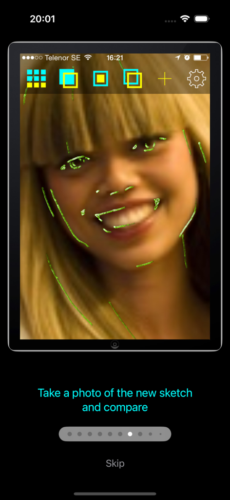 PainterTool - PainterTool app interface showing a portrait photo with green sketch lines overlaid for proportion comparison