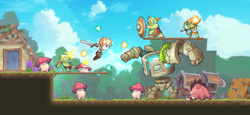 Hero Blitz: RPG Roguelike War - Chibi hero fighting monsters and a stone golem in Hero Blitz RPG Roguelike War