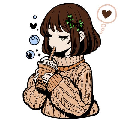 manga girl drinking boba in cozy sweater