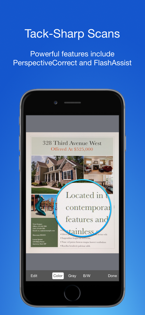 シャープなテキスト拡大表示で高画質ドキュメントスキャンを示すモバイルアプリインターフェイス。