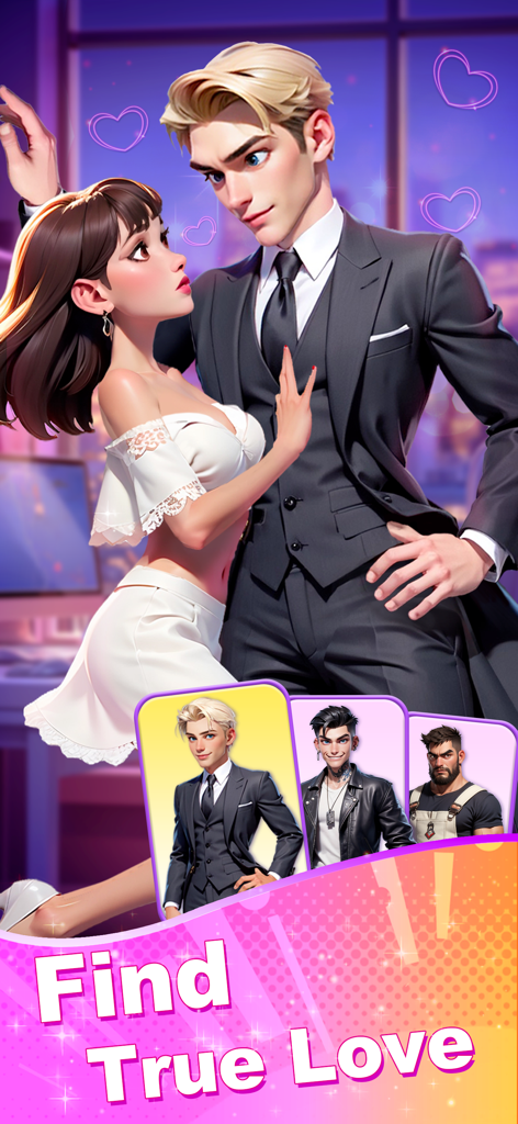 Sara's Secret : Merge&Makeover - A woman and a man in a romantic pose with three different male character options to choose from.
