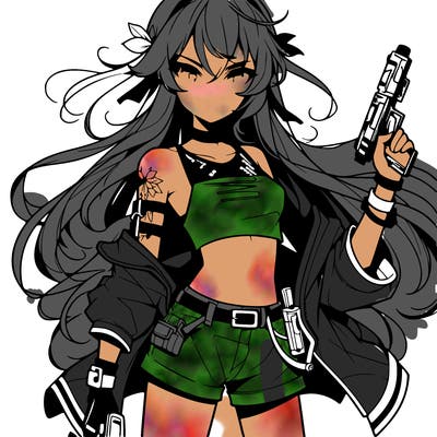 bad girl wearing crop top holding a gun long hair anime