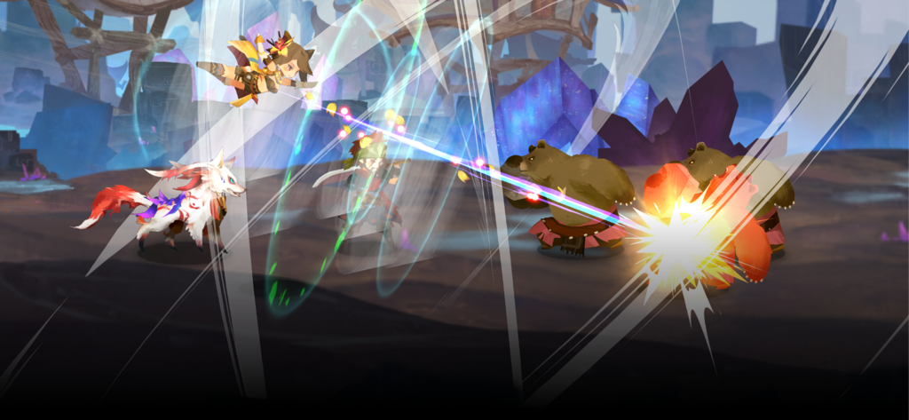 A dynamic combat scene in Sdorica showing stylized characters attacking bear-like enemies with magical effects in a hand-drawn art style.
