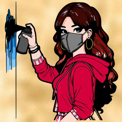 realistic girl with mask spray painting a wall