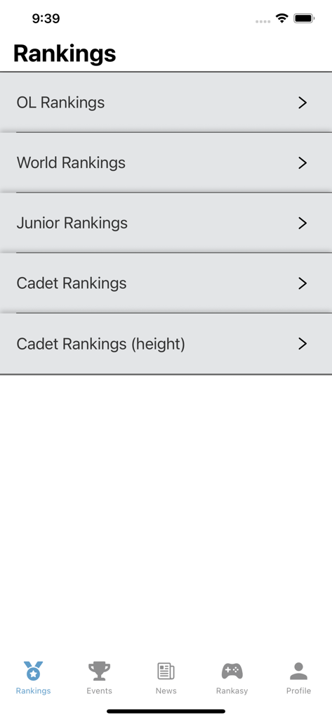 Interfaz de la aplicación móvil Rnker mostrando varias categorías de rankings de Taekwondo, incluidos los rankings Mundiales Junior y Cadete