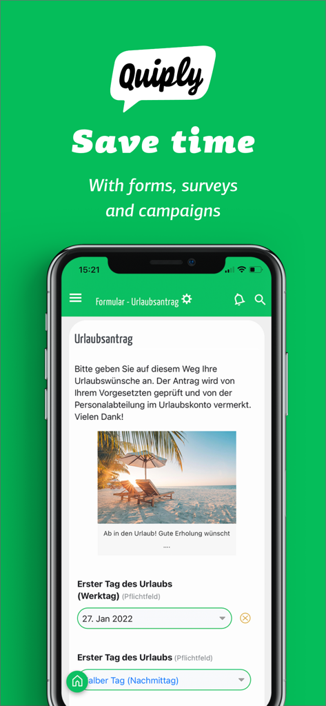 Quiply - The Employee App - Quiply employee app showing a digital vacation request form on a mobile phone to streamline HR processes and save time.