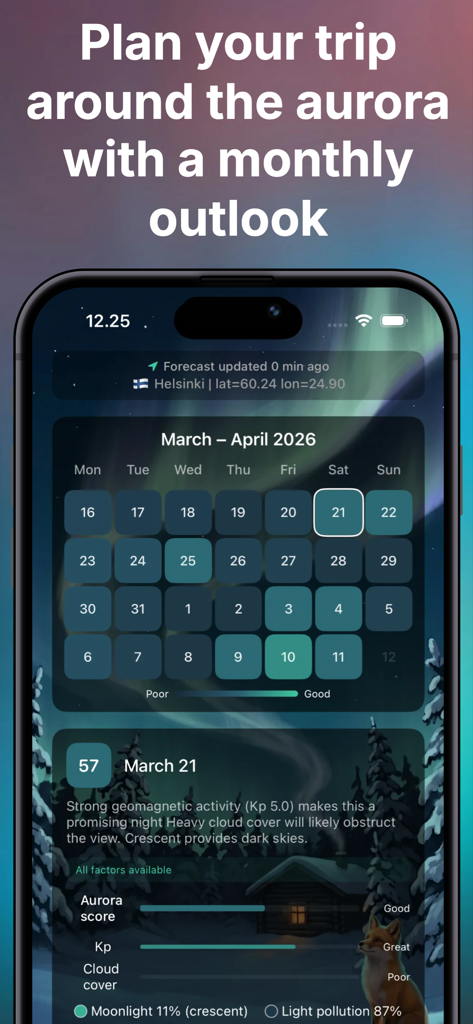 Aurora Forecast Alerts - Revon - Aurora forecast app showing a monthly calendar with Kp index and visibility scores for trip planning