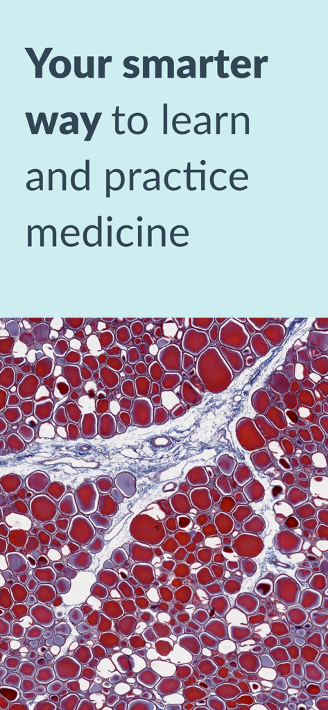Écran d'introduction de l'application de connaissances médicales AMBOSS avec une image d'histologie et du texte sur l'apprentissage de la médecine