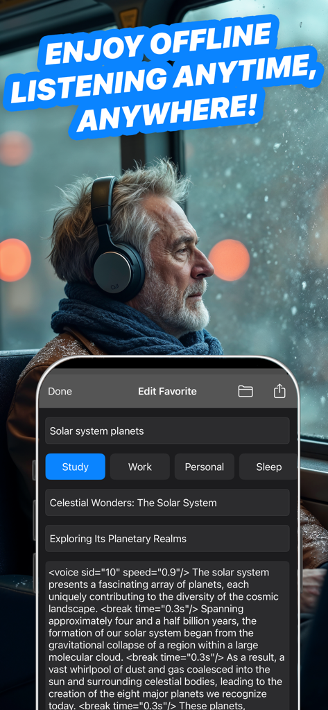 Una persona con le cuffie ascolta contenuti di sintesi vocale offline durante un tragitto