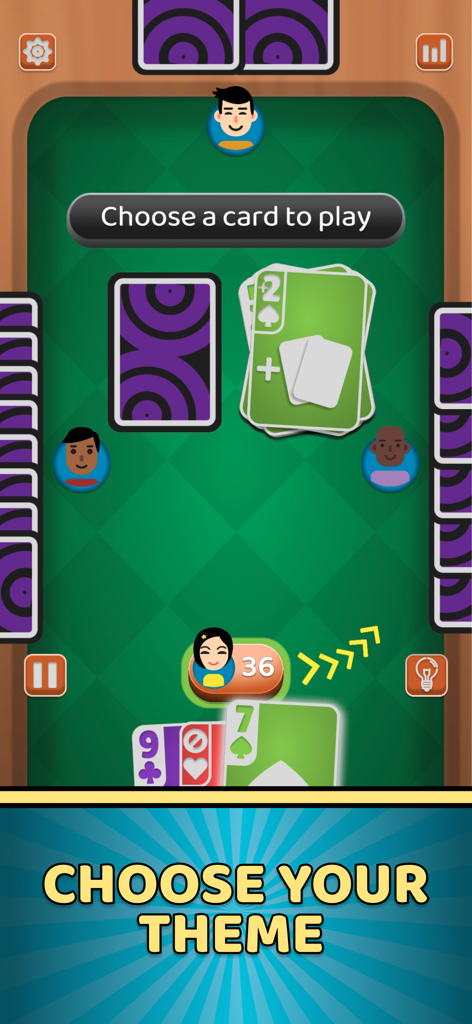 Crazy 8: Card game - Pantalla de juego del juego de cartas Crazy 8 que muestra avatares de jugadores y un banner para elegir tu tema