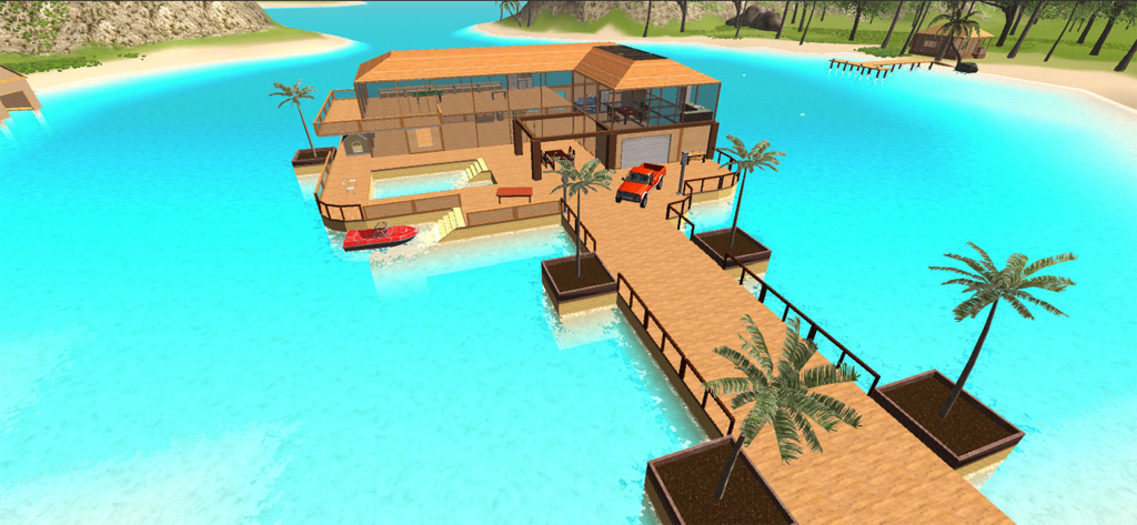 Ocean Is Home: Survival Island - Una casa de madera moderna construida en un muelle sobre aguas turquesas en el juego de supervivencia Ocean Is Home.