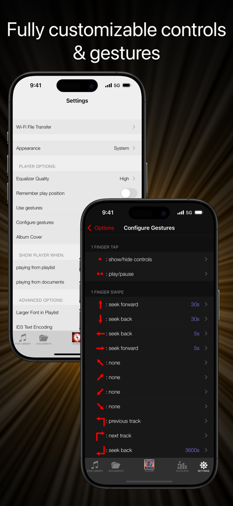 Equalizer Pro + - Mobile app interface showing customizable gesture controls and settings for the Equalizer Pro plus music player