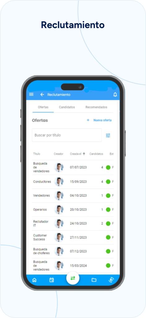 Naaloo - Naaloo mobile app recruitment dashboard showing a list of job offers and candidate tracking