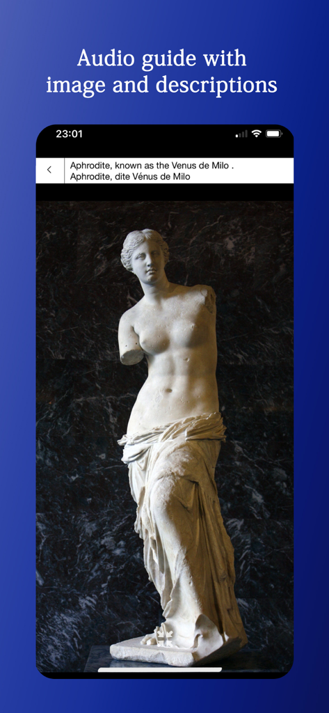 Musee Louvre Audio - L'application Audio Guide Musée du Louvre affichant une photo et une description de la statue de la Vénus de Milo