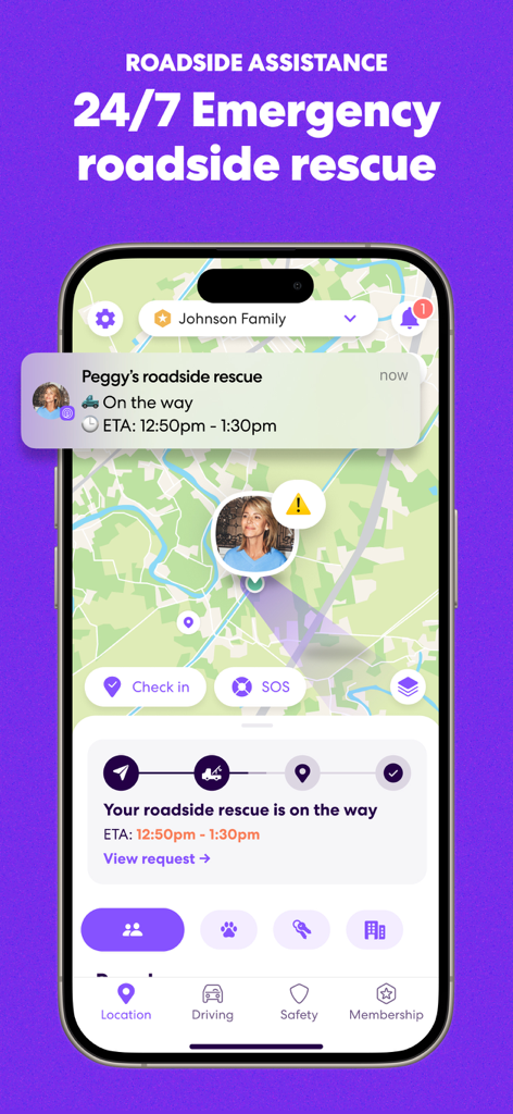 Interface de l'application Life360 affichant une carte de suivi des secours routiers 24h/24 et 7j/7 et l'heure d'arrivée estimée d'un membre de la famille