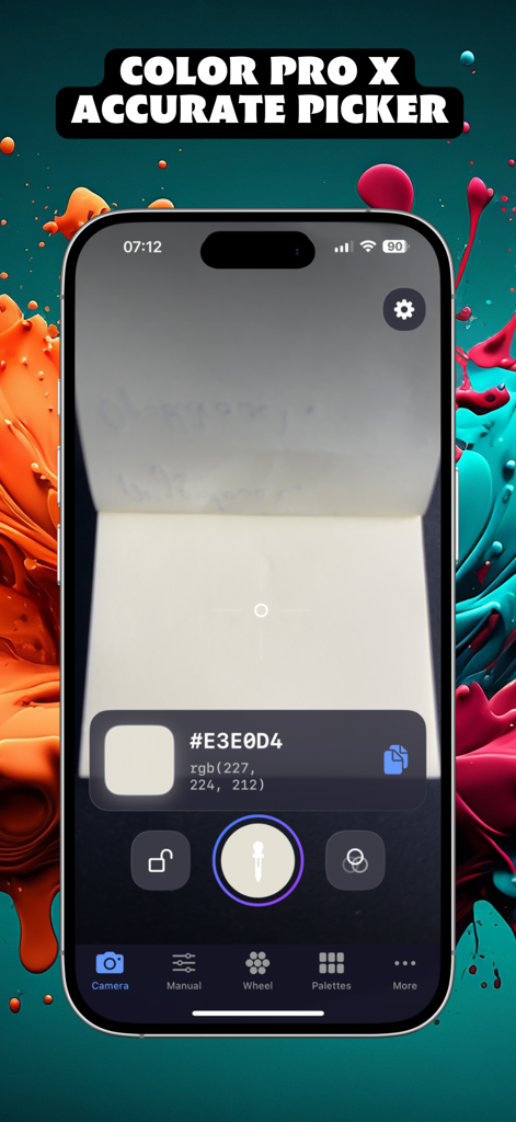 Color Pro X Accurate Picker - Interfaz de la aplicación Color Pro X seleccionando un color con la cámara y mostrando valores hexadecimales y RGB precisos