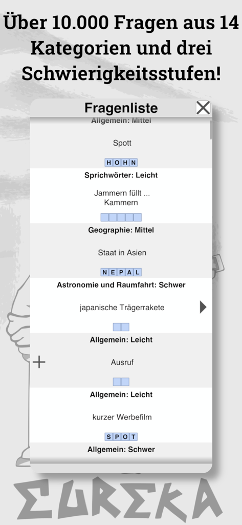 A list of crossword puzzle questions categorized by topic and difficulty level in the Eureka app.