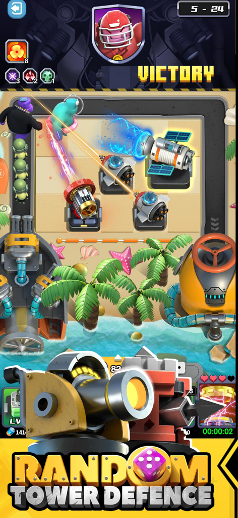 Random TD - A victory screen from Random TD showing diverse defense towers attacking monsters on a tropical themed battlefield