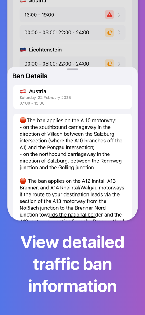 Detailed truck traffic ban information for Austria in the Traffic Bans Europe mobile app