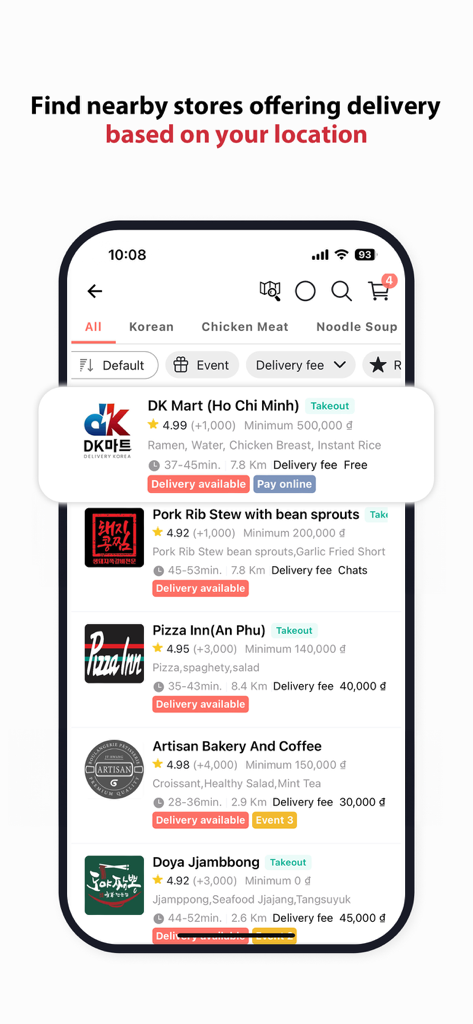 DELIVERY K - Uma captura de tela do aplicativo Delivery K exibindo uma lista de restaurantes e mercados próximos para entrega com base na localização do usuário