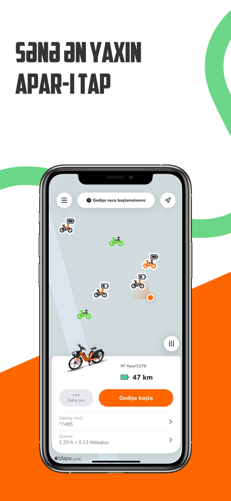 Apar - Eco-Transport Solution - Apar mobile app interface showing a map with available electric bicycles and bikes for rental in a city.