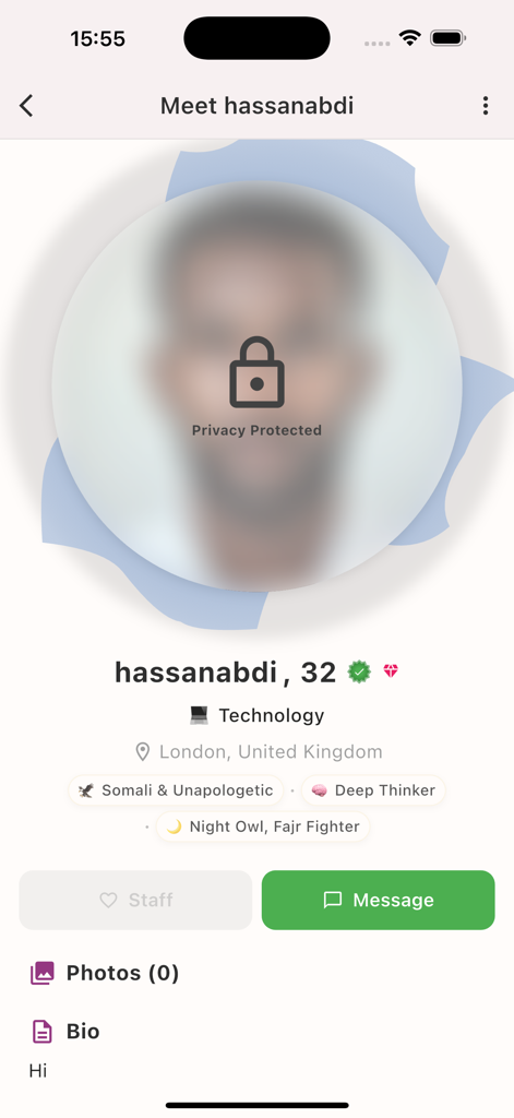 Sahan - Somali Marriage - A user profile on the Sahan app showing a blurred privacy protected photo and cultural interest tags.