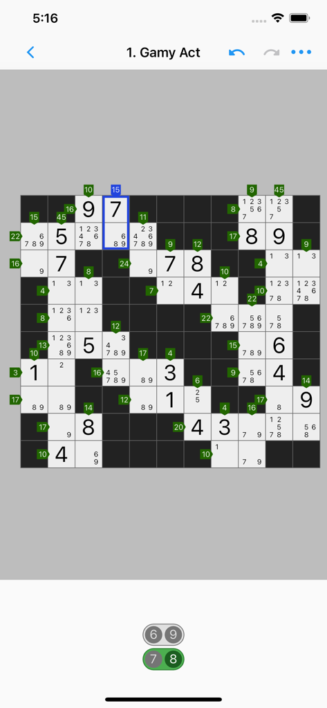 Kakuro - Classic - Grade de quebra-cabeça lógico numérico mostrando pistas e células resolvidas no aplicativo móvel Kakuro Classic
