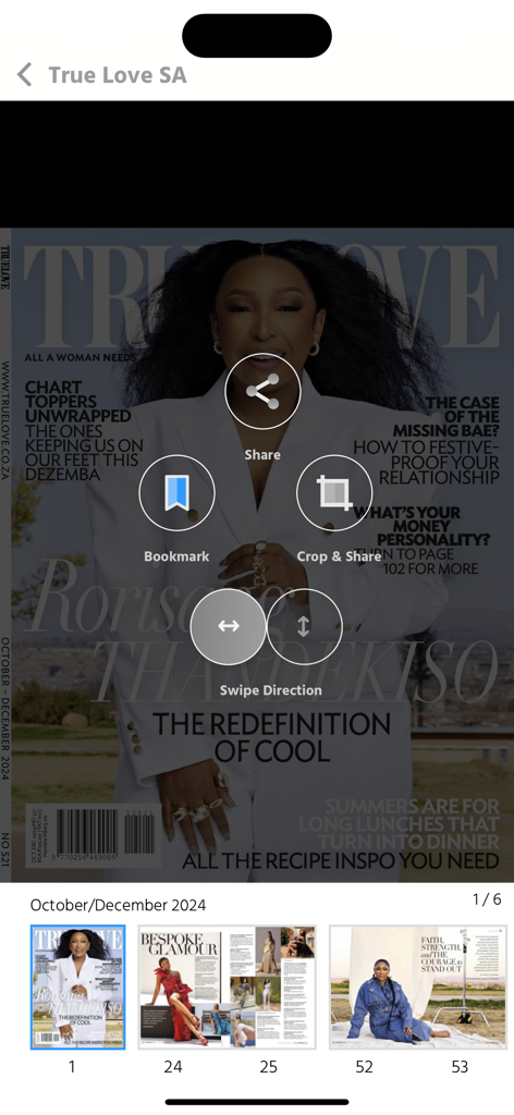 True Love SA - Interface of the True Love SA app displaying the October December 2024 magazine cover with interactive share and bookmark icons.