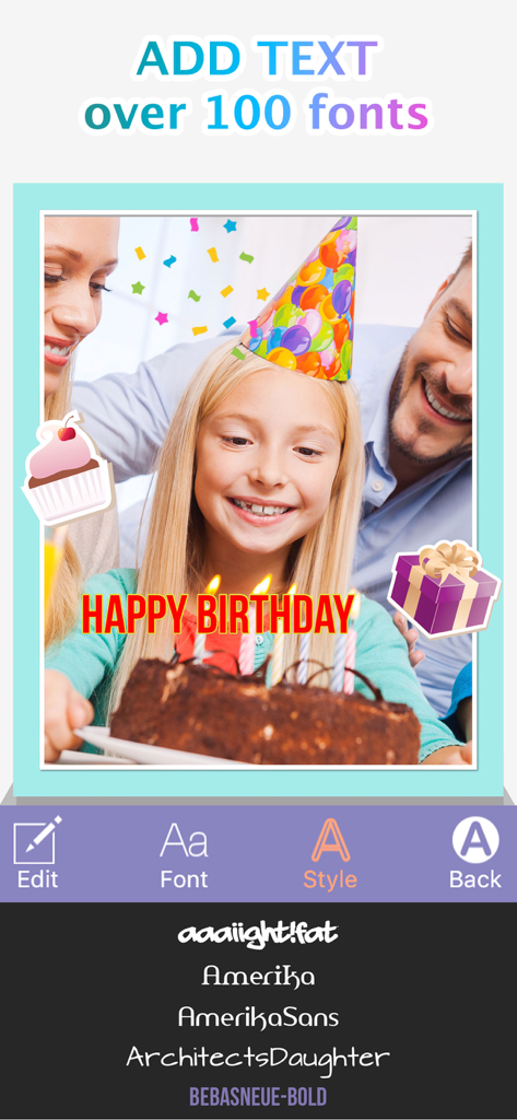 Photo Collage Montage & Layout - Interfaz de la aplicación móvil que muestra una foto de cumpleaños siendo editada con texto personalizado y varias opciones de fuentes