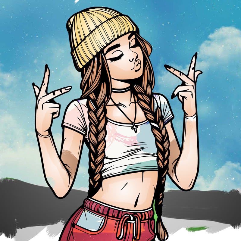 realistic teenage girl with braids and a beanie and crop top doing 🫶🏼