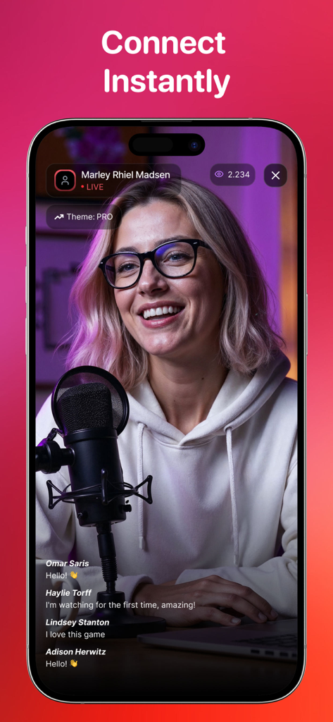 SoLive: Go Live Simulator - A realistic live streaming simulation interface showing a woman creator with a professional microphone and a simulated active chat