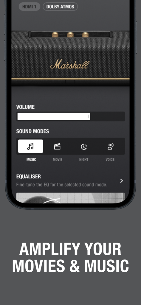 Marshall app interface showing volume and sound mode settings for Heston soundbar