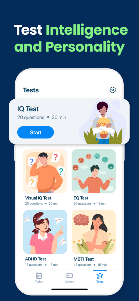 Brain AI: Mind Training Games - A mobile screen showing various cognitive tests in the Brain AI app including IQ, EQ, ADHD, and MBTI.