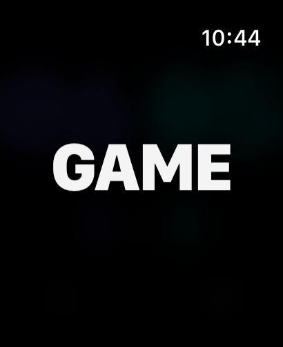 試合のお祝いとして、太字の白い文字でGAMEと表示されたApple Watch画面。