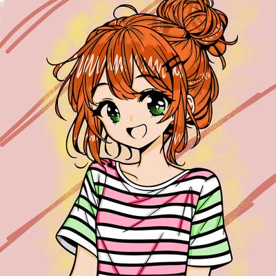 anime girl teenager striped shirt and smile and messy bun