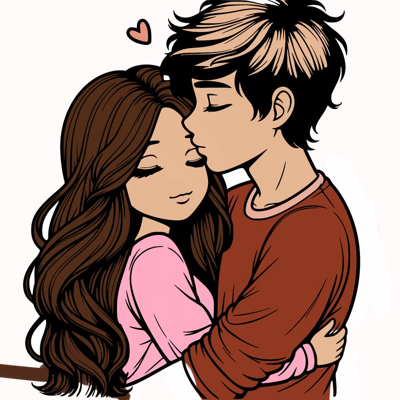 a realistic couple boy and girl hugging and kissing