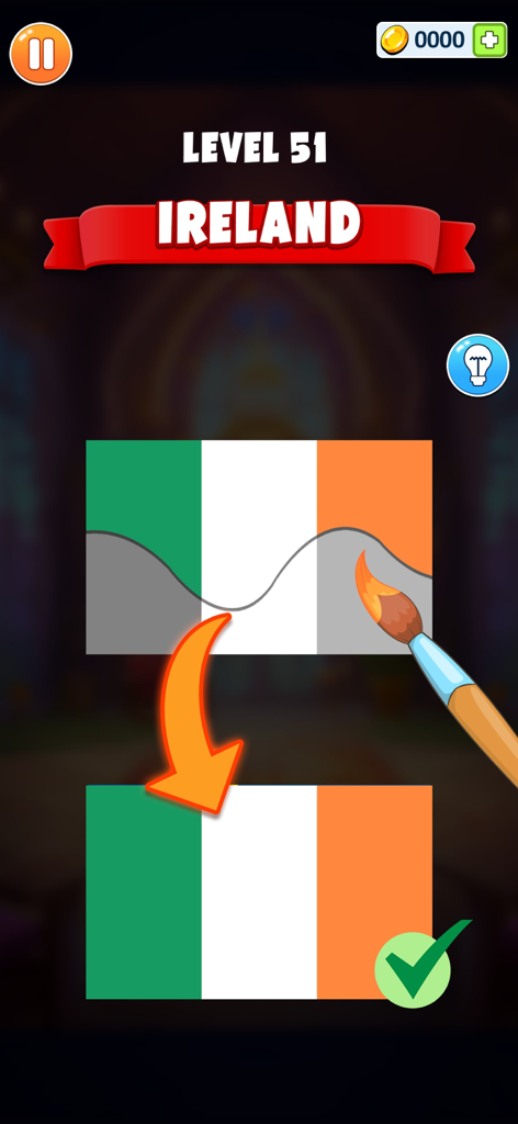 Flag Coloring Puzzle Games - Interface of a flag coloring puzzle game showing level 51 featuring the flag of Ireland being painted with a brush