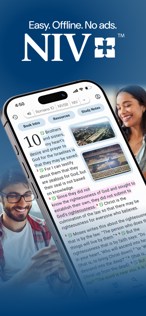 NIV Bible app showing Romans chapter ten with study notes and historical images on a smartphone