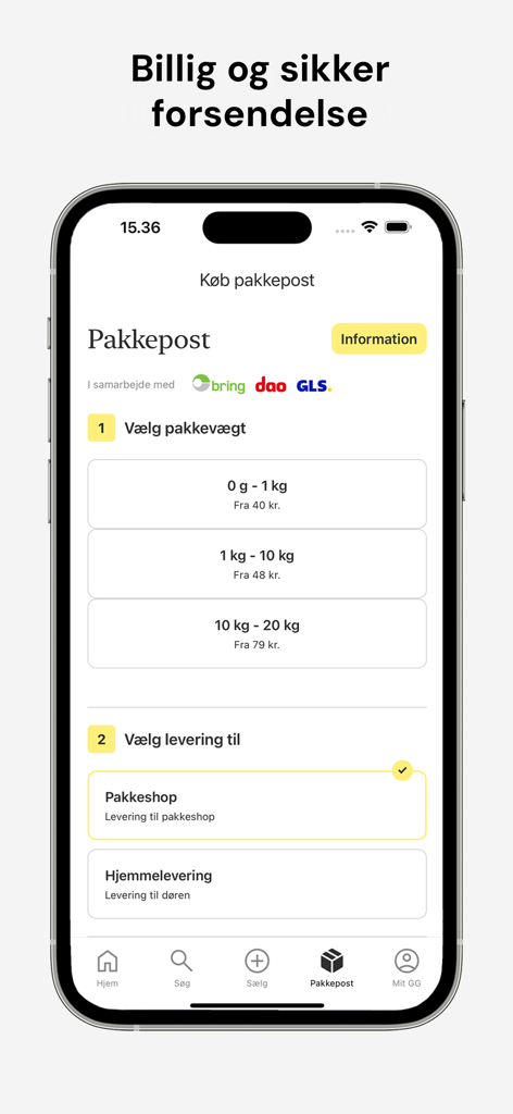 GulogGratis app screen showing shipping options with parcel weight and delivery selection
