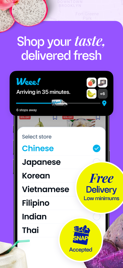 Weee! #1 Asian Grocery App - Interfaccia dell'app Weee che mostra il tracciamento delle consegne e una selezione di categorie di generi alimentari asiatici come cinesi e giapponesi