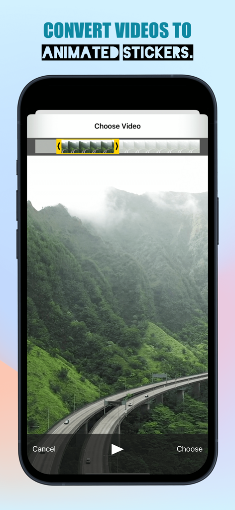 A smartphone screen displaying the video to animated sticker conversion feature with a scenic landscape video selected.