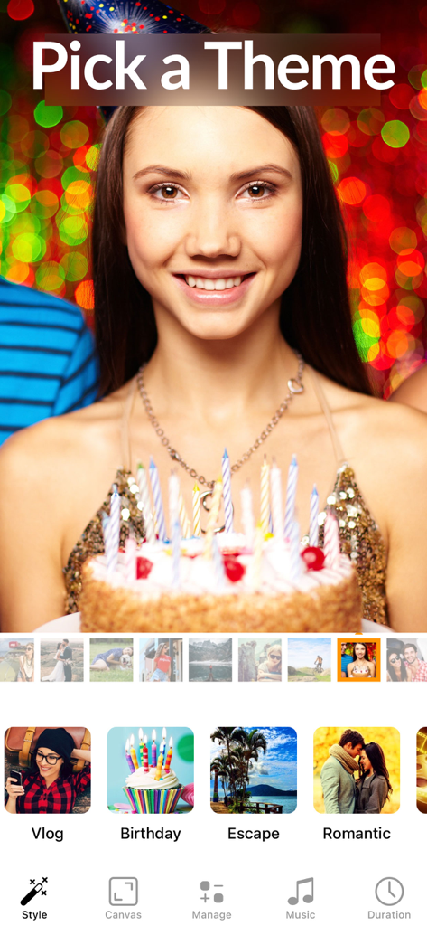 Slideshow Maker Video & Photo - Mobile app interface for Slideshow Maker showing birthday theme preview and template selection options